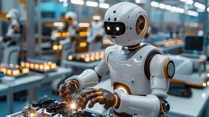 Fototapeta premium Industrial robots assembling products, highlighting the role of AI (close up, AI theme, futuristic, composite, robot assembly area backdrop)