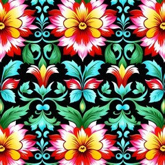 A colorful floral pattern on a black background