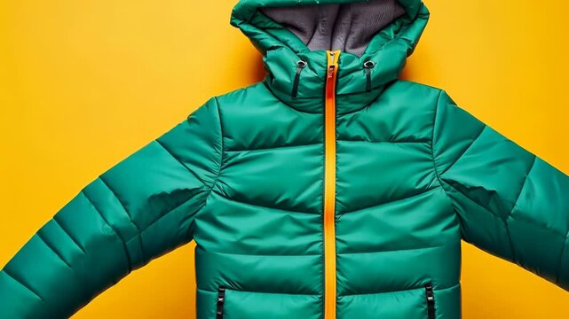 Green Winter Jacket with Hood on Bright Yellow Background, 4k video
