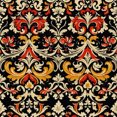 A geometric design featuring red and yellow shapes on a black surface