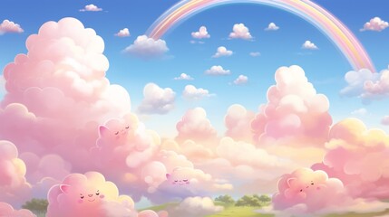 Whimsical Skies: Fluffy Pink Clouds and Playful Rainbow