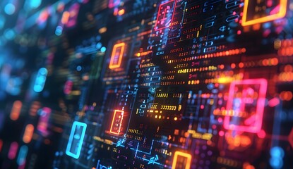 Fototapeta premium A closeup of an advanced data center with glowing holographic icons representing different types of mobius strip logo blockchain. background with glowing lights