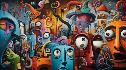 Vibrant Surreal Cityscape: A World of Whimsical Faces