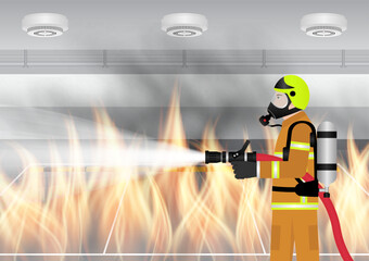 Fototapeta premium Firefighter Spraying Water to Extinguish Fire on Burning Building or Burning Office. Vector Illustration. 