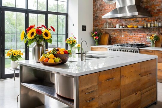 A kitchen with a central island featuring a bowl of fresh fruit, ideal for snacking or adding to recipes