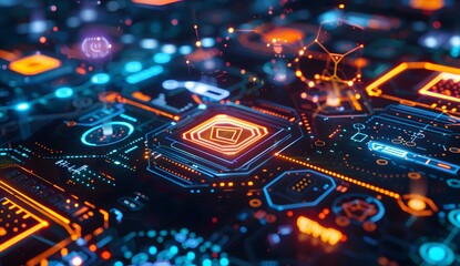 Fototapeta premium A closeup of an advanced data center with glowing holographic icons representing different types of mobius strip logo blockchain. background with glowing lights