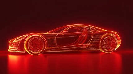 Fototapeta premium Futuristic Transparent Car on Red Background - High Quality Glowing Outline of a Vehicle in Stunning Resolution Style