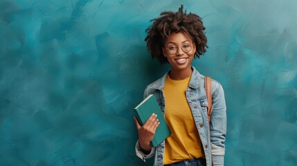 A young woman smiles while holding a book, showcasing her enthusiasm for learning in a colorful setting