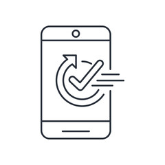 Mobile application.  Success operation app on the screen. Use in Web.Vector linear icon isolated on white background.