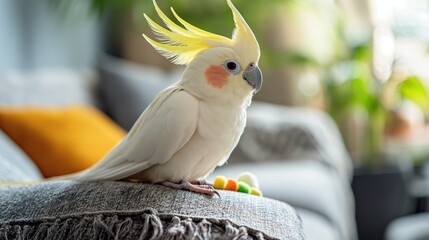 A cockatiel perched on the armrest of a sofa, with its yellow crest standing tall, in a warm and inviting living room filled with natural light and soft furnishings.