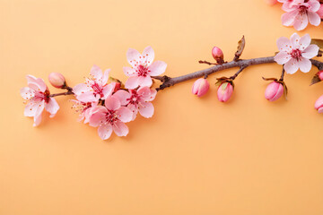Delicate Pink Cherry Blossom Branch With Buds Against a Soft Yellow Background