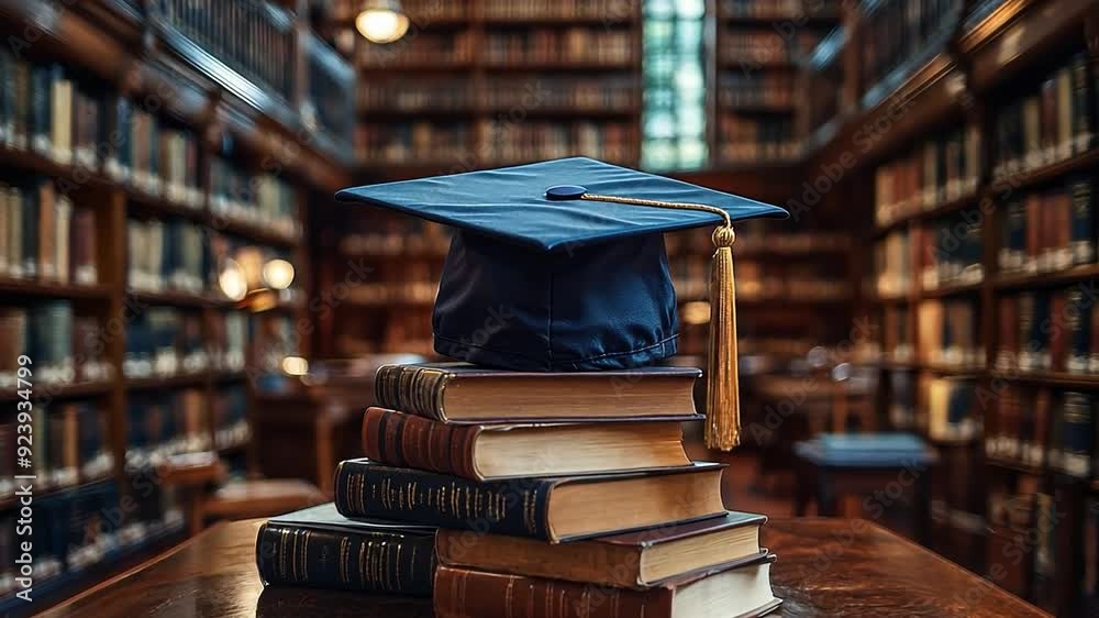 Poster a graduation cap is placed on top of a stack of books surrounded by shelves filled with books in a w