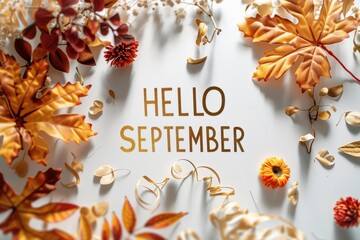 fall theme, with a minimalistic background featuring beautiful leaves and flowers. The text "HELLO SEPTEMBER" is written in golden letters on a white background, with autumn colors Generative AI