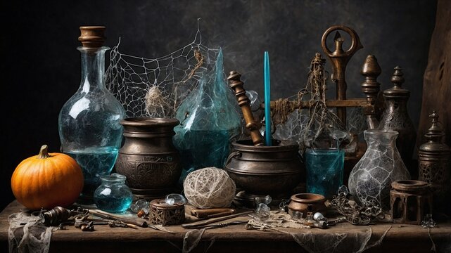 Renaissance still life. Detail of an alchemist's workshop with cobwebs. Alchemist items and tools. Background wall scrap.