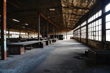 Empty warehouse with rows of tables and benches