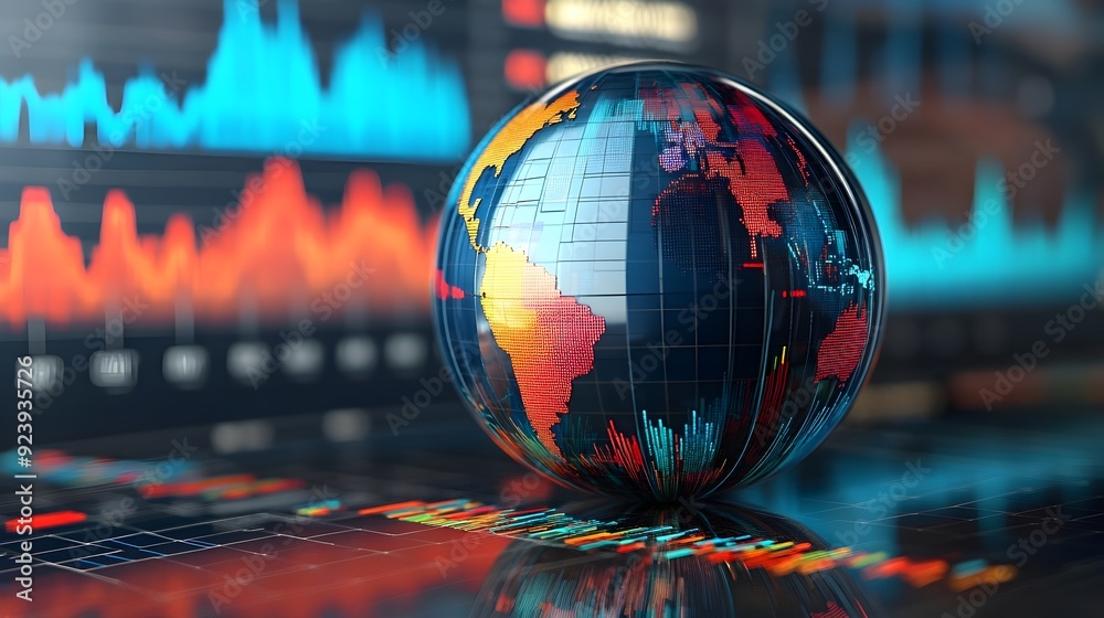 Aufkleber 3d globe with economic graphs showing contrasting trends globally