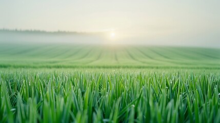 Fototapeta premium A field of green crops is shown in a panoramic view