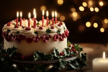 A beautiful Christmas-themed cake with candles and holly Hyper realistic. Shot with canon 5d Mark III --ar 3:2 --v 6.1 Job ID: 9f23840b-7ce2-49e9-8405-6e29dbd1aab1