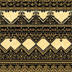 A geometric design featuring interlocking diamonds in black and gold colors