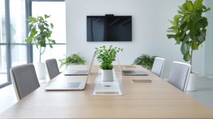 Fototapeta premium A laptop sits on a desk with a cup of coffee and a potted plant
