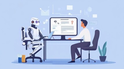 A Human and a Robot Collaborate at a Desk with a Computer