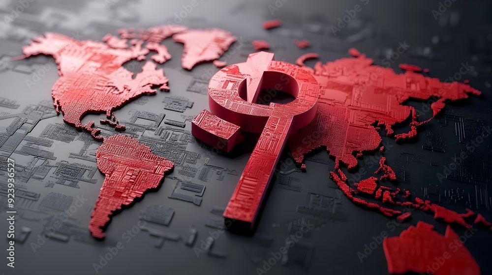 Poster a 3d world map where wealth flows toward a dominant chinese yuan symbol leaving other continents in 