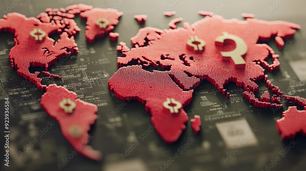 Poster a 3d world map with towering chinese yuan symbols depicting global trade deficits
