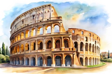 Fototapeta premium The Colosseum Rome Italy,Watercolor Painting, Adulation, Ancient, Antique white background. 