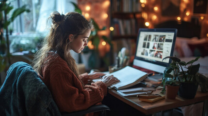 A young woman engages in study, illuminated by soft lights, creating a serene atmosphere filled with warmth and inspiration