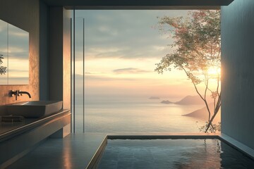 Fototapeta premium A peaceful bathroom scene with a stunning sea view, bathed in soft morning light. The minimalist Japanese-inspired design creates a sense of calm and relaxation.