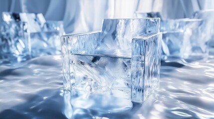 A transparent ice chair floating on water in a serene, icy environment during daylight