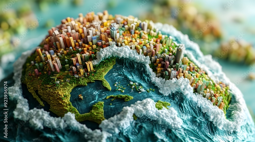 Poster a towering wave of chinese exports overwhelms imports from other nations on a 3d visualized globe