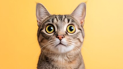 Cat with a surprised look on orange background. Generative AI.