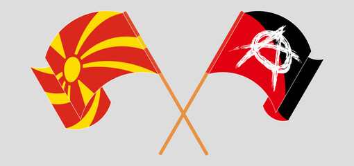 Crossed and waving flags of North Macedonia and Anarchy