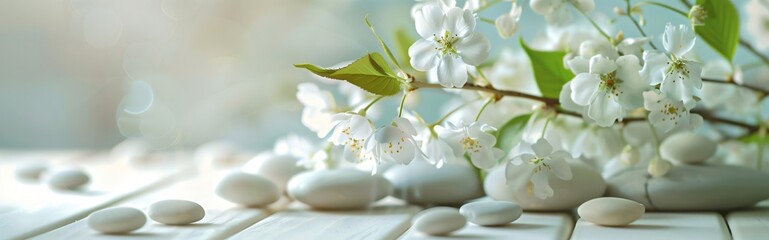 Elegant white flowers bloom near smooth stones on a serene wooden table, creating a tranquil...