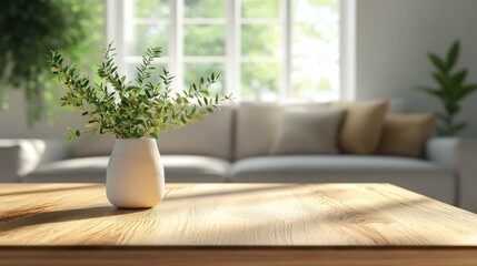 A White Vase with Green Branches on a Wooden Table in a Bright Room