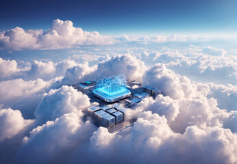 Advanced Cloud Computing Facility Surrounded by Dramatic Clouds in Bright Blue Sky