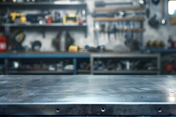 metal blank tabletop with blurred automotive tools