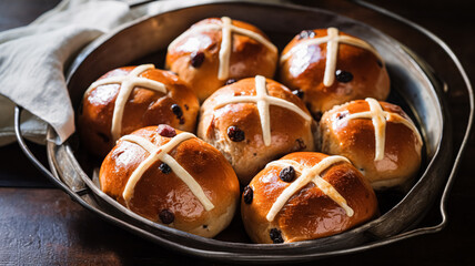 Hot cross buns in English country cottage, Good Friday, religious holiday and british cuisine recipe inspiration