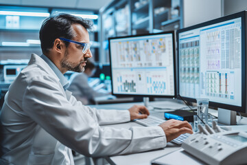 Scientist analyzing data on a computer screen in a lab, bright natural light, analytical mood. Generative AI