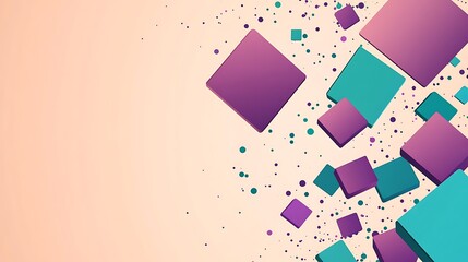 Geometric Elegance: Abstract Purple and Teal Squares on Peach Background - Cartoon Style Vector Illustration for Web Banner Design