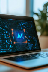 The inscription on the laptop screen "AI"