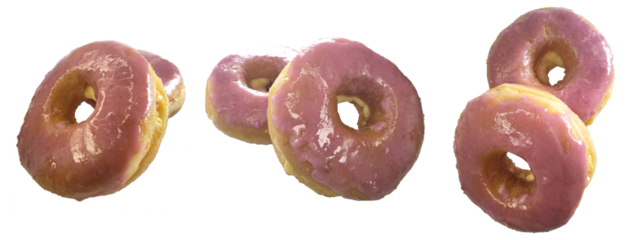 Pink glazed donuts with custard filling from various angles isolated on transparent background. Banner design for dessert and food establishments.
