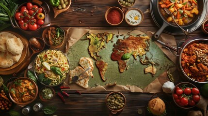 A vibrant mix of global cuisines highlights the rich flavors and traditions shaped by globalization.