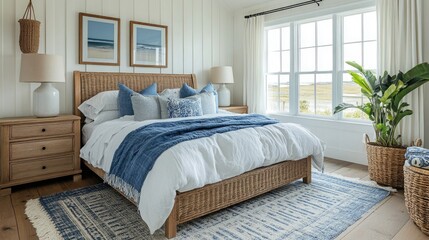Charming Cape Cod bedroom with white and blue color scheme, wooden furniture, and coastal decor