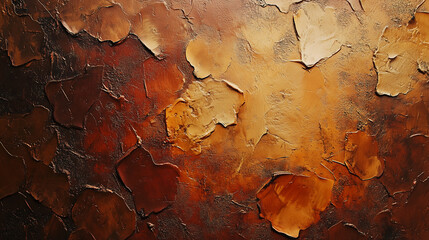 Naklejka premium The image shows a textured surface with cracked, peeling paint in shades of brown and orange, resembling an arid, desert-like landscape