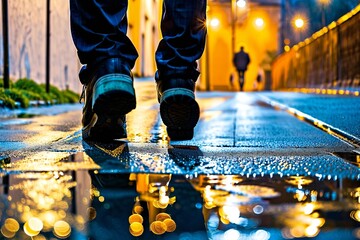 A person walking alone on a wet sidewalk at night, illuminated by streetlights