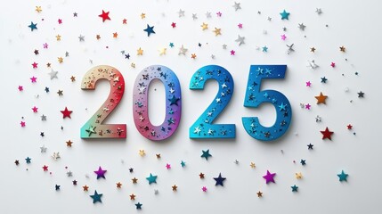 Obraz premium Festive background Happy New Year 2025. Multi-colored number 2025 with stars on a white background New Year celebration, close-up.