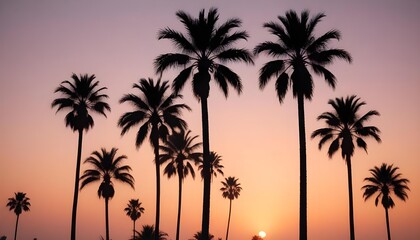 Silhouettes of palm trees against a colorful sunset sky