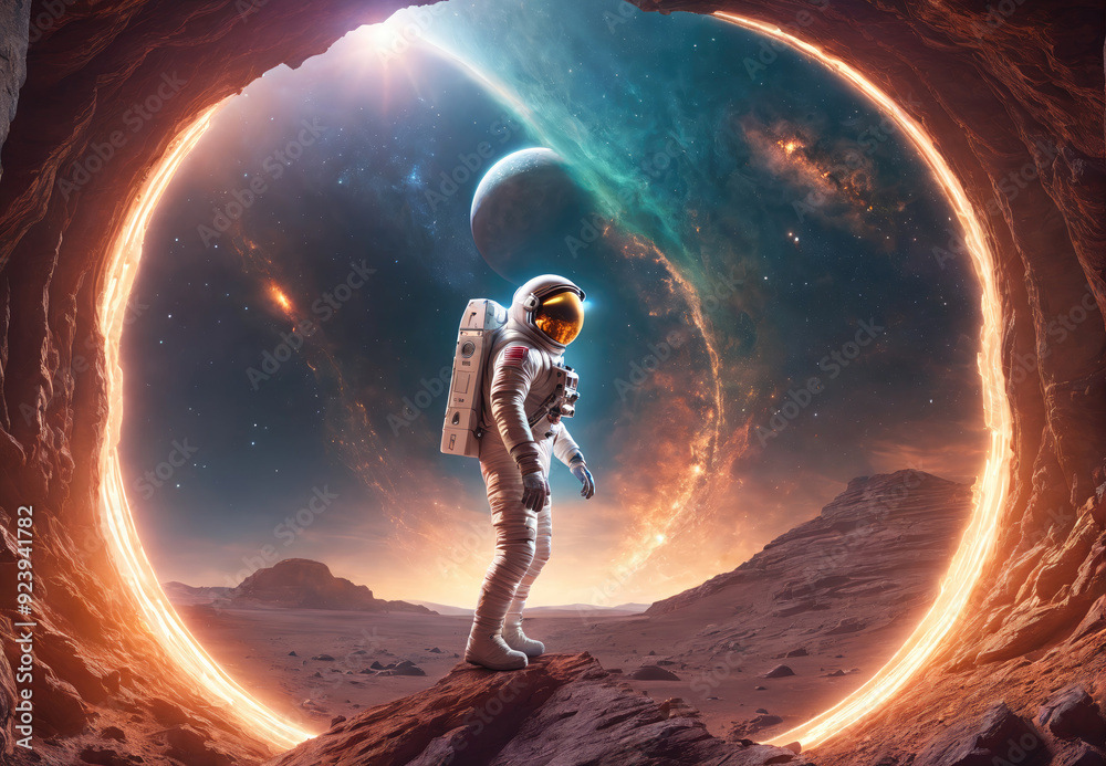 Wall mural astronaut standing on rocky surface gazing at cosmic wonders beyond portal in outer space